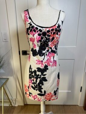 Lilly Pulitzer Embellished Linen Blend Sheath Dress Size 2 Pink Black White